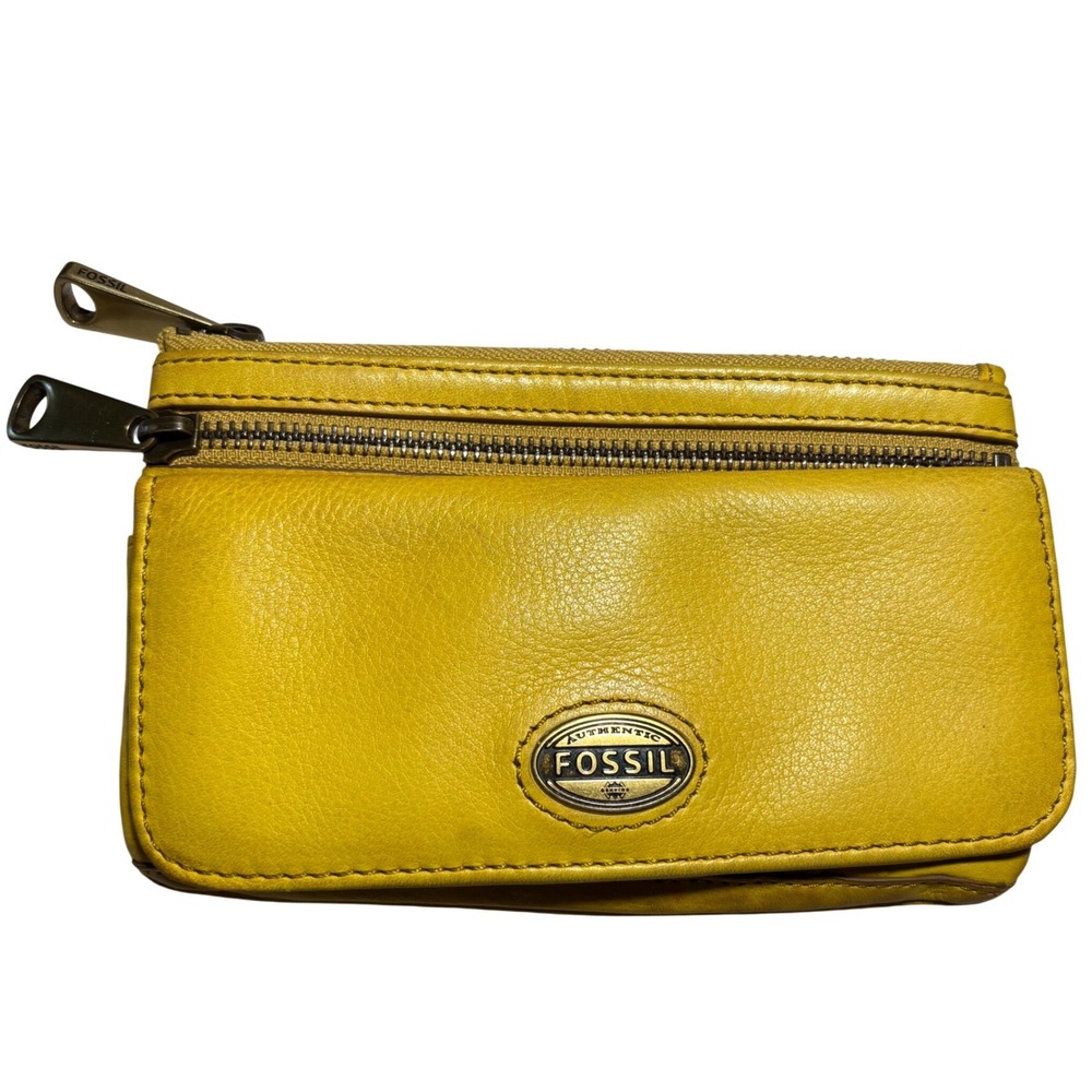 Vintage Fossil Yellow Pebbled Leather Double Zip Bifold Wallet
